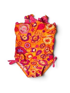 5/15$ Vintage Y2K Gagou Tagou Girls Neon Retro Paisley One Piece Swimsuit 6-12M